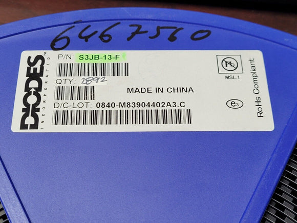 (100 PCS) S3JB-13-F DIODES INC. Diode 600 V 3A Surface Mount SMB ROHS