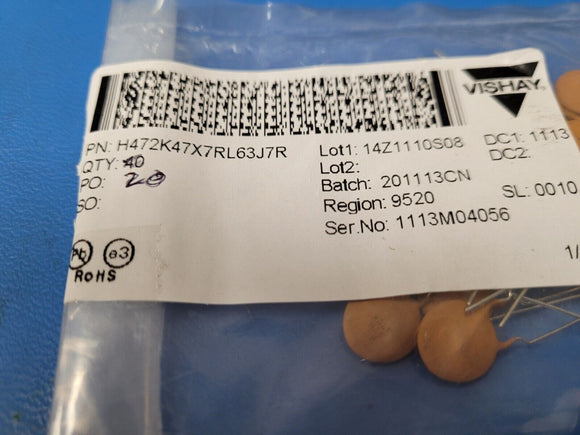 (20PC) H472K47X7RL63J7R VISHAY Ceramic Disc Capacitors .3LS 4700PF 500V 10% ROHS