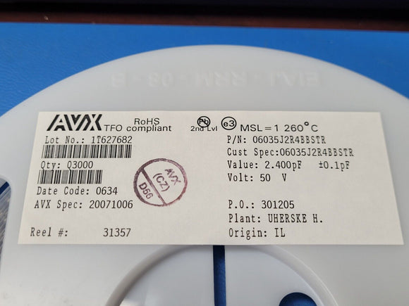 (100PC) 06035J2R4BBSTR AVX 2.4pF Thin Film Capacitor 50V 0603 (1608 Metric) ROHS