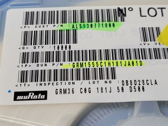 (10,000 PCS) GRM1555C1H181JA01D MLCC Capacitor 180pF 50V 5% SMD 0402 ROHS