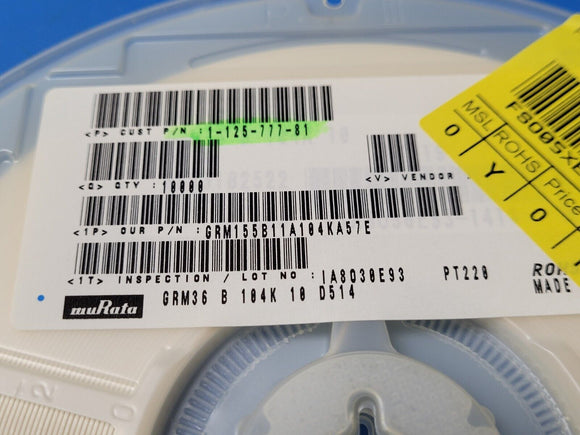 (10,000 PCS) GRM155B11A104KA MLCC CAP 0.1uF 10V 10% 0402 X7R ROHS