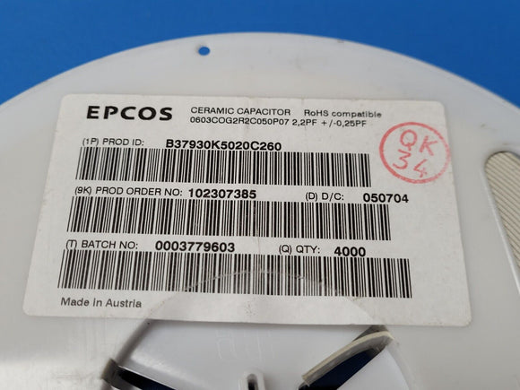 (100PC) B37930K5020C260 2.2 pF ±0.25pF 50V Ceramic Capacitor C0G, NP0 0603 ROHS