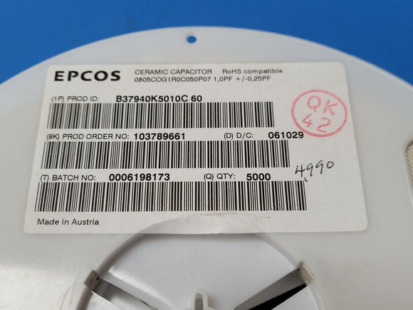 (100 PCS) B37940K5010C60 1 pF ±0.25pF 50V Ceramic Capacitor C0G, NP0 0805 ROHS