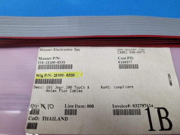 (2 PCS) 28100-0335 MOLEX Cables Cbl Jmpr.100 TopCt 8 Ct 8CKt 8.000 24awg