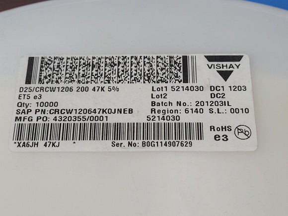 (100 PCS) CRCW120647K0JNEB VISHAY RES SMD 47K OHM 5% 1/4W 1206 ROHS