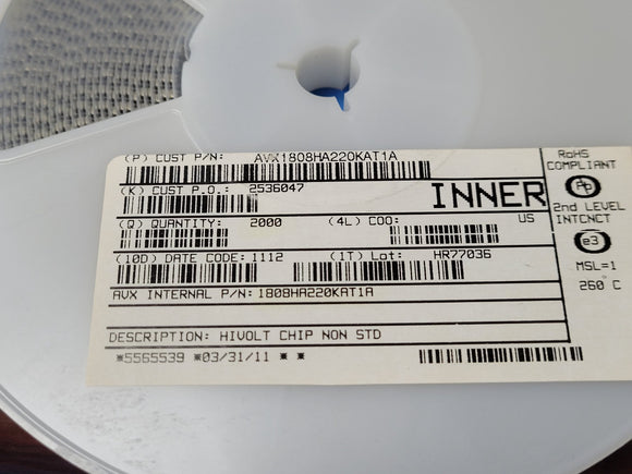 (10 PCS) 1808HA220KAT1A AVX MLCC CAP CER 22PF 3KV 10% NP0 1808 ROHS