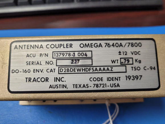 (1 PC) 137978-1 OMEGA 7640A/7800 TSO C-94 ANTENNA COUPLER