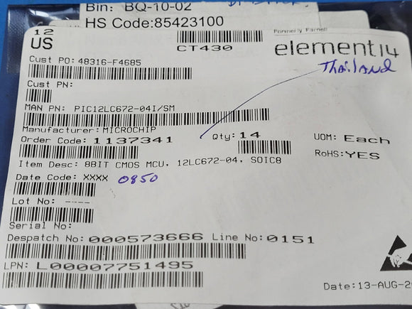 (2 PCS) PIC12LC672-04I/SM MICROCHIP IC MCU 8BIT 3.5KB OTP 8SOIC