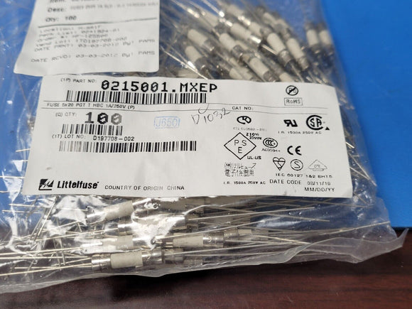 (10 PCS) 0215001.MXEP LITTELFUSE Cartridge Fuses 250V 1A Slo-Blo ROHS