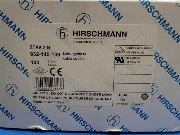 (1 PC) Hirschmann 932-140-106 STAK 3 N Cable Socket