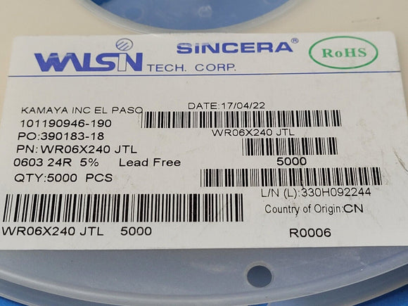 (200 PCS) WR06X240JTL WALSIN Thick Film Resistors - SMD 0603 24R 5% ROHS