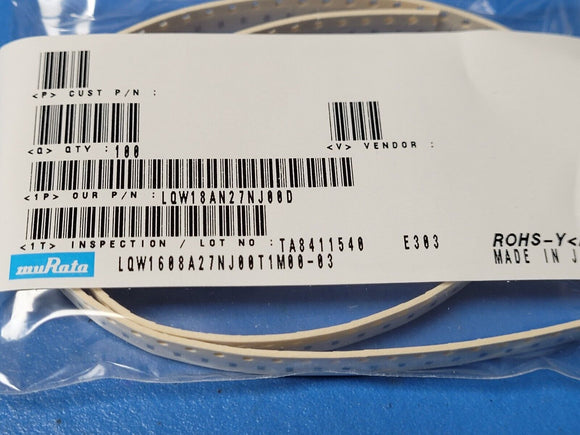 (100 PCS) LQW18AN27NJ00D MURATA FIXED IND 27NH 440MA 0.21OHM SMD ROHS
