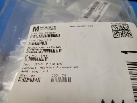 (10 PCS) 1769 Adafruit JST-PH 2-Pin SMT Right Angle Connector