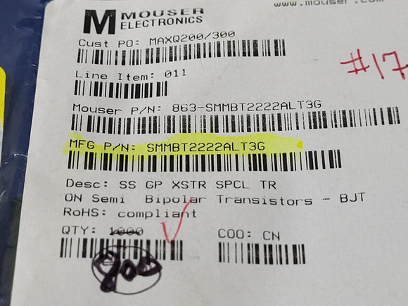 (20 PCS) SMMBT2222ALT3G ONSEMI TRANS NPN 40V 0.6A SOT23-3 ROHS