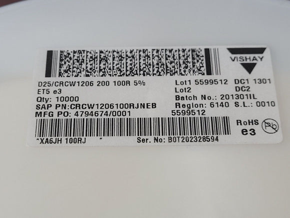 (100 PCS) CRCW1206100RJNEB VISHAY RES SMD 100 OHM 5% 1/4W 1206 ROHS