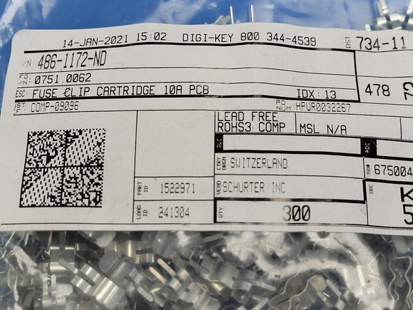 (20 PCS) 0751.0062 Schurter Fuse Clip, 5x20mm, 500V, 10A, PCB ROHS