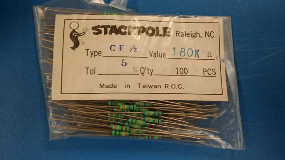 (100 PCS) RESISTOR CARBON FILM 180K OHMS 1/2W 5% STACKPOLE(CF1/2,180K,5%)