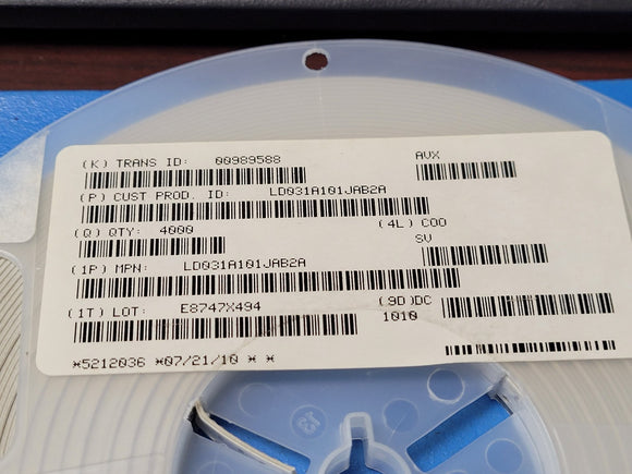 (25 PCS) LD031A101JAB2A AVX MLCC, CAP CER 100PF 100V 5% C0G/NP0 0603