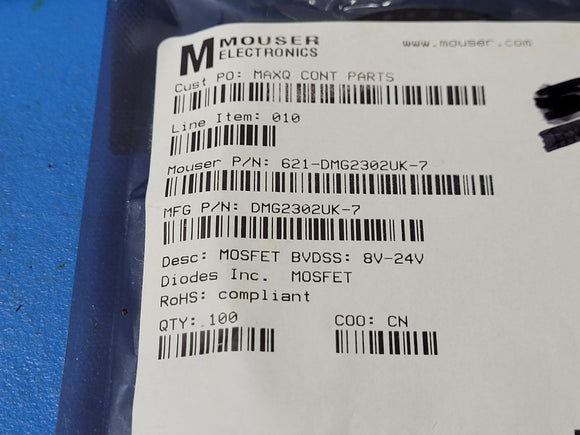 (10 PCS) DMG2302UK-7 DIODES INC. MOSFET N-CH 20V 2.8A SOT23 ROHS