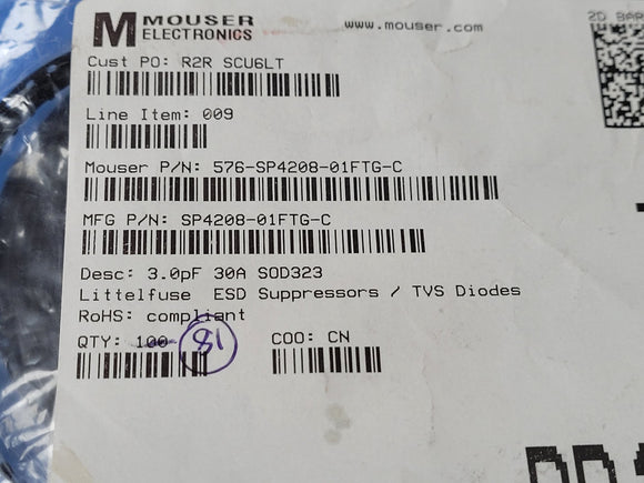 (10 PCS) SP4208-01FTG-C LITTELFUSE TVS DIODE 8VWM 25VC SOD323 ROHS