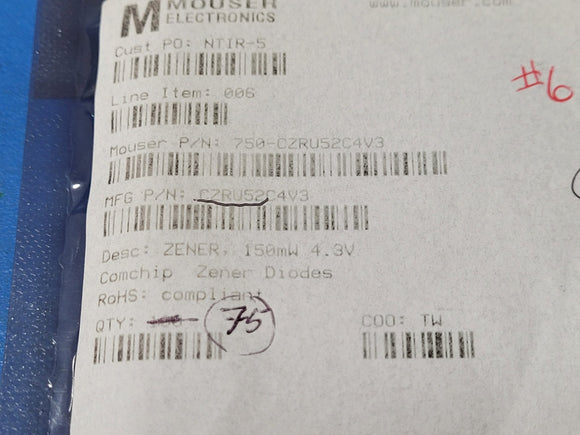 (25 PCS) CZRU52C4V3 COMCHIP DIODE ZENER 4.3V 150MW SOD523F ROHS