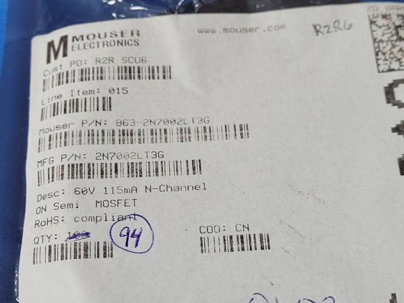 (10 PCS) 2N7002LT3G ONSEMI MOSFET N-CH 60V 115MA SOT23-3 ROHS