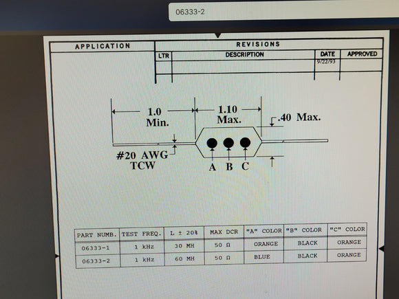 (2 PCS) 06333-2 JW MILLER INDUCTORS COILS CHOKES FILTERS 1 KHz, 60 MH, 50 Ohm