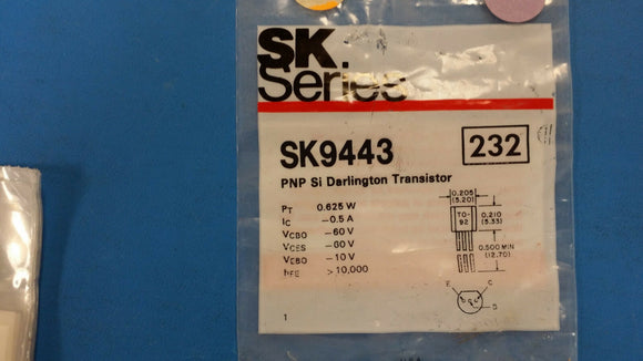 SK9443 RCA (NTE232 EQUAL) Trans Darlington PNP 60V .625W 0.5A 3-Pin TO-92