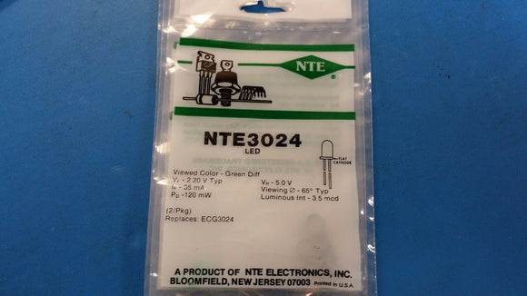 (1 bag/2pcs.) NTE3024, ECG3024, LED, Green Diffused