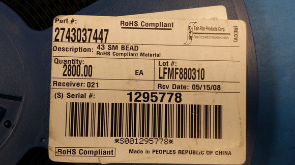 (100 PCS) 2743037447 FAIR-RITE Ferrite Beads 43 SM BEAD Z=100 OHM @250MHz ROHS