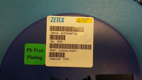 (3000) ZVP3306FTA ZETEX Trans MOSFET P-CH 60V 0.09A 3-Pin SOT-23 ROHS (0750 D/C)
