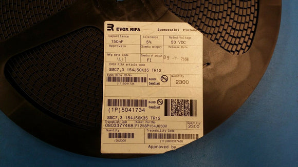 (25 PCS) KEMET EVOX RIFA CAP FILM 0.15UF 5% 50VDC 2824 ROHS SMC7.3154J50K35TR12
