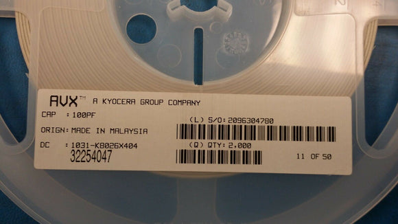 (25 PCS) AVX 1206AC101KAT1A Cap Ceramic 100pF 1000V X7R 10% SMD 1206 125°C T/R