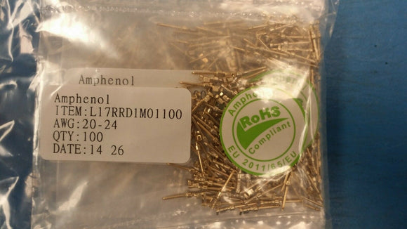 (1 bag) OF L17RRD1M01100 BY AMPHENOL CONN PIN 20-24AWG CRIMP GOLD
