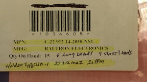 (15 PCS) C-22.912-14-2030-NS1 RALTRON ELECTRONICS CLOCK CRYSTAL 22.912MHZ 20PPM