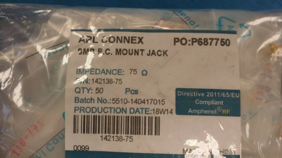 (2 PCS) 142138-75 AMPHENOL RF CONN MINI SMB JACK STR 75OHM PCB