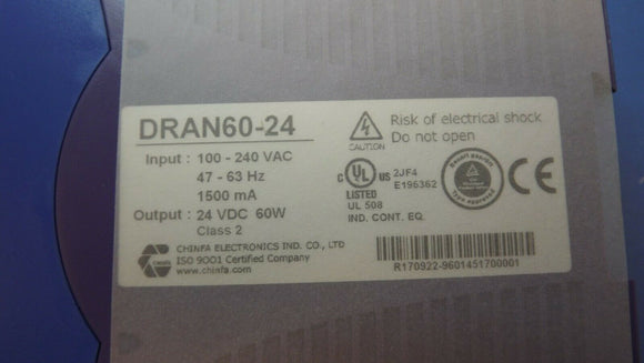 DRAN60-24 CHINFA AC-DC CONVERTER DIN RAIL 1 O/P 60W 2.5A 24V