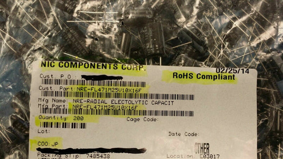 (25 PCS) NRE-FL471M25V10X16F NIC CAP ALUM LYTIC 470UF 25VDC 20% 105°C RDL ROHS