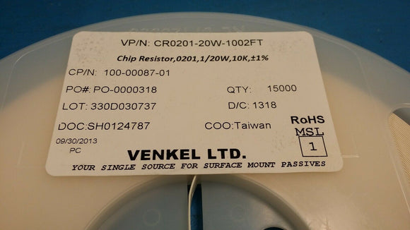 (15,000) CR0201-20W-1002FT VENKEL Chip Resistor,0201,1/20W,10K,1% ROHS