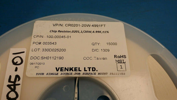 (15,000) CR0201-20W-4991FT VENKEL Chip Resistor,0201,1/20W,4.99K,1% ROHS