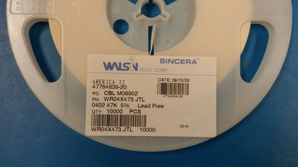 (10000) WR0473XJTL  Chip Resistor - Surface Mount 47KOhms ±5% 1/16W 0402 RoHS