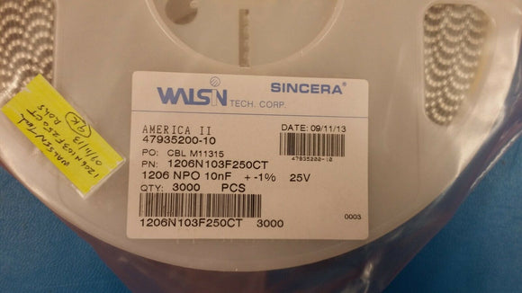 (200PCS) 1206N103F250CT Multilayer Ceramic Cap 1206 NPO 0.01uF 1% 25V 125°C ROHS