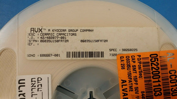 (100 PCS) 06035U150FAT2A AVX Multilayer Ceramic Capacitor 15pF 50V C0G 1% 0603