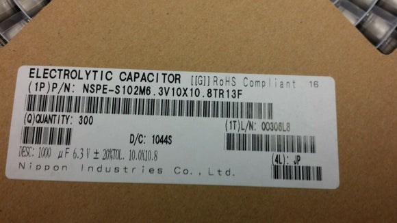 (10 PCS) NSPE-S102M6.3V10X10.8TR13F Cap Aluminum 1000uF 6.3V 20% (10X10.8mm) SMD
