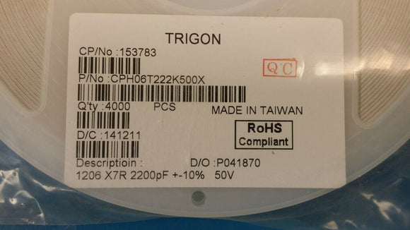 (200 PCS) 1206B222K500 MLCC Ceramic Capacitor 2200pF 150V X7R 10% 1206 (3216)