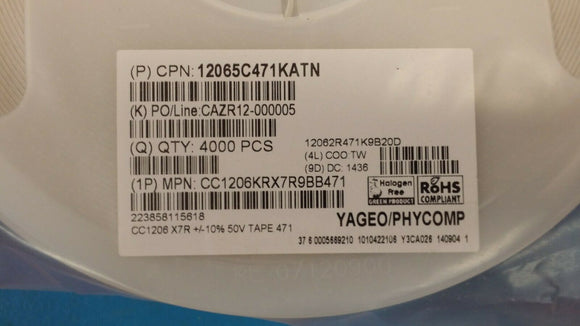 (100 PCS) CC1206KRX7R9BB471 MLCC Ceramic Capacitor 470pF 50V ±10% X7R 125°C 1206