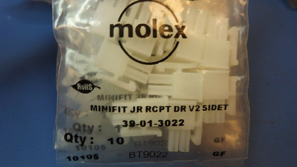 (10) 39-01-3022 MOLEX Conn Housing F 2 POS Crimp ST Cable Mount Mini-Fit Jr™ Bag