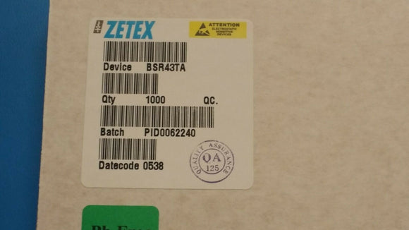 (1000 PCS) BSR43TA ZETEX BJT TRANS NPN 80V 1A SOT-89 ROHS