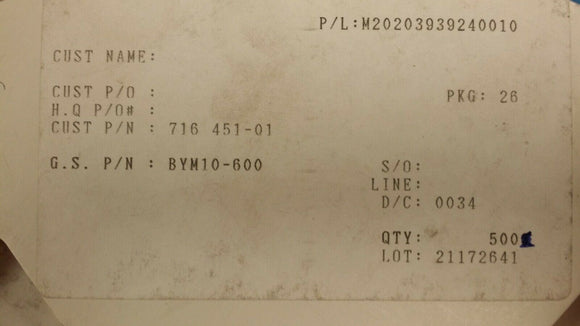 (100pcs) BYM10-600 Rectifier Diode Switching 600V 1A 2-Pin DO-213AB