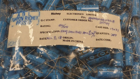 (2) ALUMINIUM ELECTROLYTIC CAPACITOR 330uF 100V 20% AXIAL ROHS RMD331M100V1331B